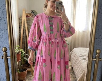 Pink Flower Cotton Midi Dress, Boho Summer Dress, Cottagecore Outfit