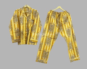 Gestreiftes Tiger-Print-Baumwollpyjama-Set: Handblockbedruckte Nachtwäsche