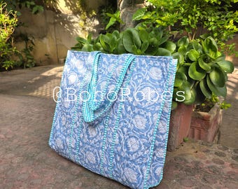 Handmade Cotton Floral Tote, Bohemian Shopping Bag, Shoulder Tote