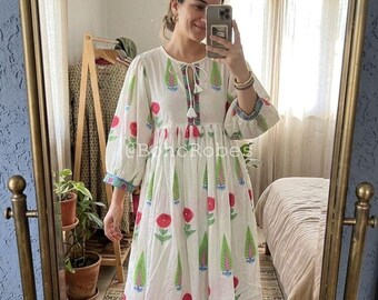 Floral Hand Block Print Kyra Midi Dress | Bohemian Cotton Dress | Dresses for Women | String Closer Dress