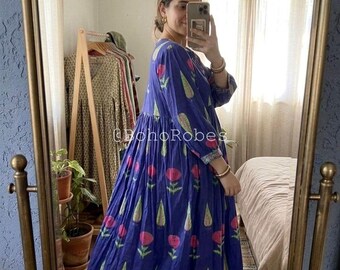 Floral Hand Block Print Cotton Midi Dress | Bohemian Style, Summer Outfit, String Closure