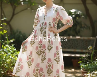 Vestido midi de algodón con estampado a mano: vestido floral de verano para la playa