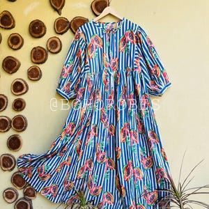 Blue Papaya Hand Block Print Kyra Midi Dress | Bohemian Cotton Dress | Summer Dresses for Women | String Closer Dress Gift For Girls Women