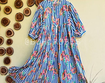 Papaya Cotton Midi Dress, Boho Puff Sleeve Summer Casual Flowy Silhouette