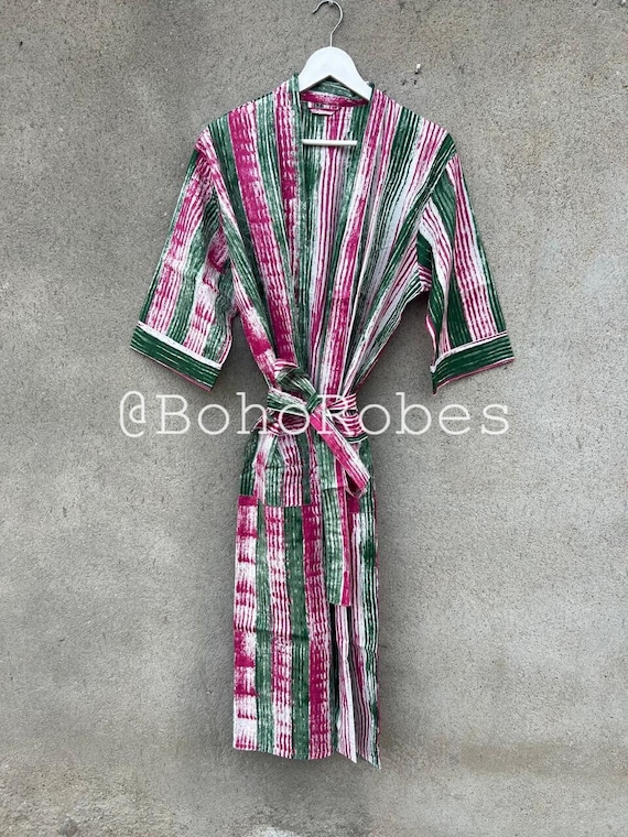 green and pink striped dressing gown Hommey - Robe - Sherbet Stripes