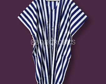 Blue Striped Cotton Kaftan: Boho Beach Cover-Up