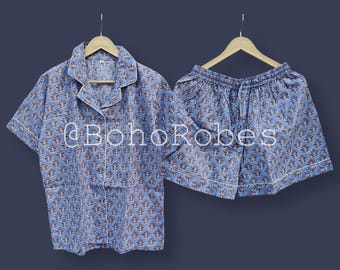 Set pigiama in cotone stampato a blocchi: abbigliamento da notte e per il relax realizzato a mano
