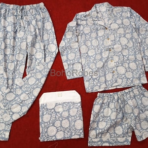 Indian Cotton Pajama Set Cotton Hand Block Print 100% Cotton Light Ultra-Soft Night Dress Women Cotton Pants Shirt Set With begs Set