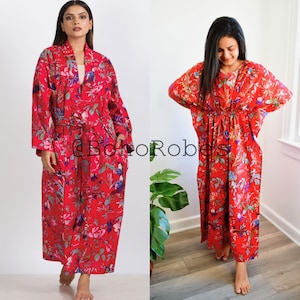 Stede Bonnet Red Bird Printed  Soft Cotton Kimono Robe, Beach Cover Up Kaftan Dress, Boho Dress, Ofmd Robe