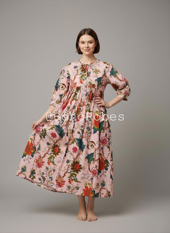 Pure Cotton Hand Block Print Floral Midi Dress: Bohemian String Closer Tunic