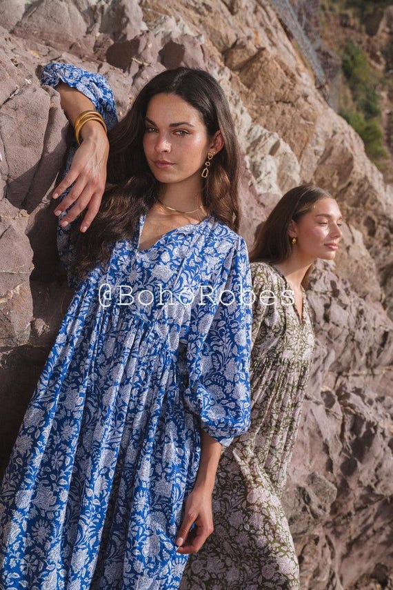 Block Print Midi Dress, Summer Dress, Flower Long Block Print Dress, Deep Neck with string closer Block Print Midi Dress, Summer Dress, Flower Long Block Print Dress, Deep Neck with string closer