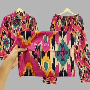 New Colorful Pajama Set With Bag, Indian Cotton Printed Pj&#39;s Set, PJ for Girl&#39;s, Summer Beach Parties Matching Shirt & Pajama Set