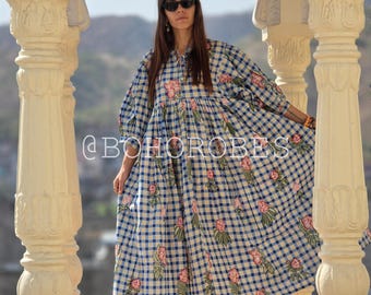 Vestido midi de algodón con estampado de bloques: estampado floral a cuadros estilo bohemio