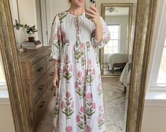 Floral Hand Block Print Cotton Midi Dress: Bohemian Summer Style