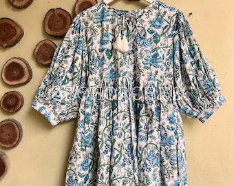 Vestido midi de algodón con estampado floral a mano: vestido bohemio de verano