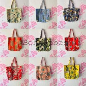 Gesteppte Baumwolle handbedruckt reversibel große mehrfarbige Blumen Einkaufstasche Umweltfreundliche nachhaltige robuste Einkaufstasche handgemachte Boho Tasche