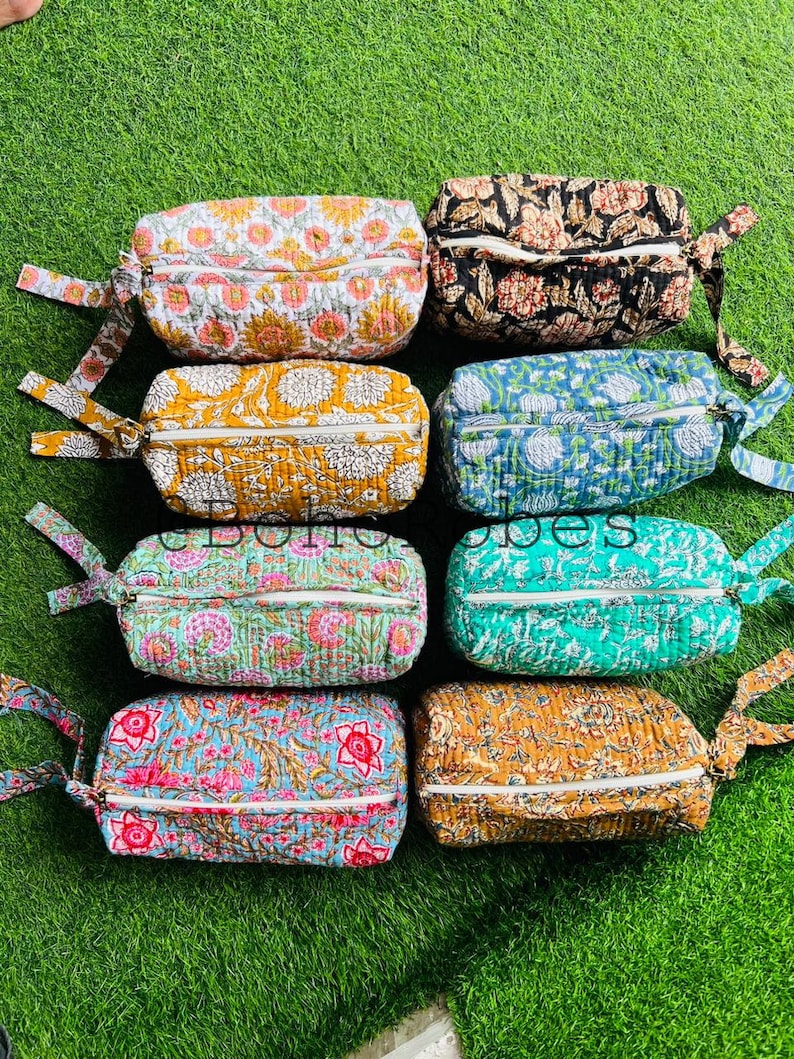 Pink - Floral Hand Block Print Quilted Toiletry Bags (Set of 3) 31