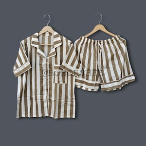 Beige Stripe Cotton Pj Set, Short Pajama Set, Lounge Set, Nightwear Dress, Pajamas Set, Gifts For Her