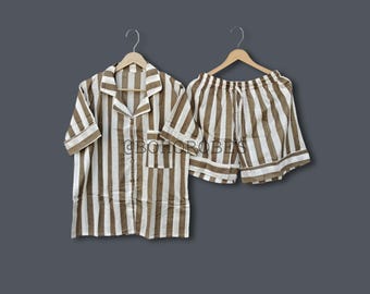 Beige Stripe Cotton Pajama Set: Short Sleeve Lounge Set