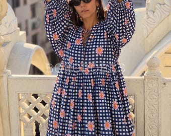 Block Print Cotton Gauze Midi Dress: Deep Neck Summer Dress