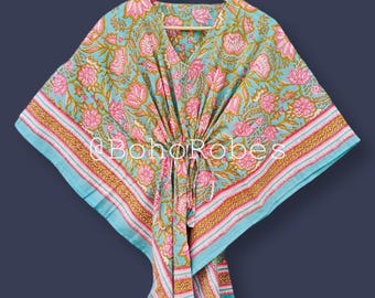 Floral Print Cotton Short Kaftan: Boho Beach Cover-Up