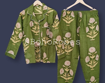 Conjunto de pijama de algodón con estampado de botas: traje de noche indio de verano hecho a mano