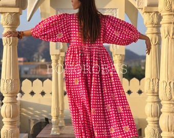 Pink Gingham Cotton Gauze Midi Dress: Deep Neck Summer Dress