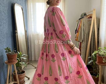 Floral Hand Block Print Midi Dress, Boho Summer Dress, String Closer With Pocket