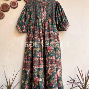 Olive Green Floral Block Print Cotton Maxi Dress – Indian Boho Long Dress