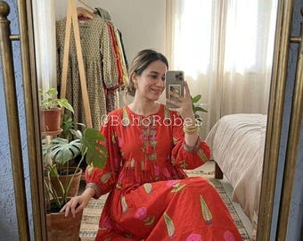 Hand Block Printed Summer Cotton Dress, Midi Dress With String Closer