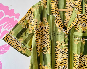 Conjunto de pijama corto de algodón con estampado de tigre: ropa de estar por casa para mujer