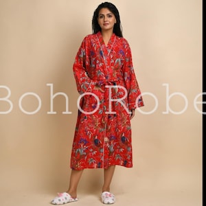 Red Bird Print Cotton Kimono Robe: Bridesmaid Wedding Kaftan