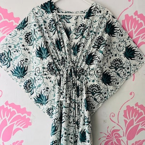 Green Floral Block Printed Cotton Kaftan, Indian Maxi Dress, Handmade Boho Kaftan, Beach Cover Up