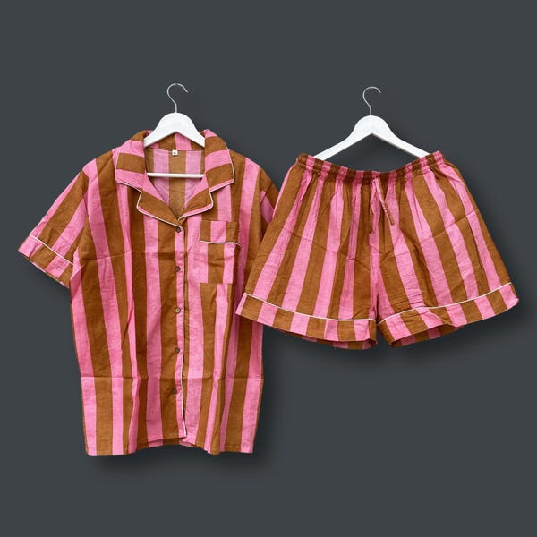 Pink & Mustard Stripe Short PJ Set, Bridesmaid Pajamas, Bridesmaids Gifts, Nightwear Dress, Wedding Pajamas