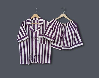 Cotton Short Pajama Set: Striped Lounge Wear