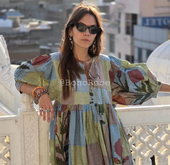 Floral Gingham Block Print Midi Dress: Bohemian Cotton Summer Dress