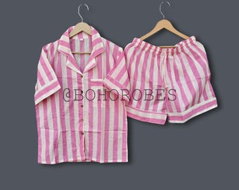 Girls Cotton Short Pajama Set: Striped Nightwear Lounge Set