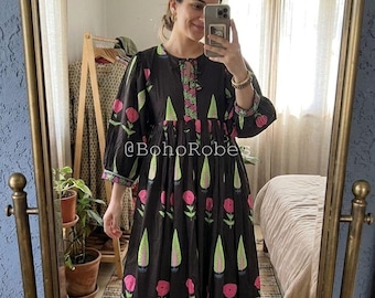 Floral Striped Block Print Kyra Midi Dress | Bohemian Cotton Dress | Dresses for Women | String Closer Dress