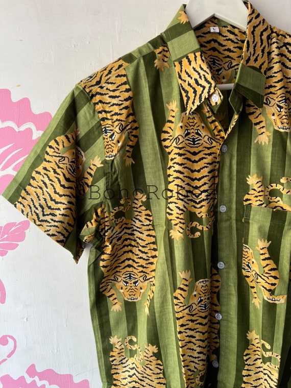 Tibetan Tiger Print Men's Cotton Shirt: Short Sleeve Casual Top