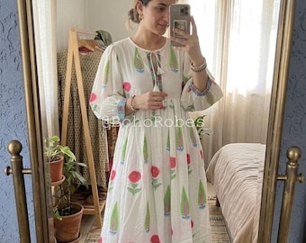 Block Printed Kyra Midi Dress, Boho Summer Cotton Dress, String Closer With Pocket