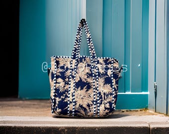 Handmade Quilted Cotton Tote Bag: Large Floral Print Travel Bag