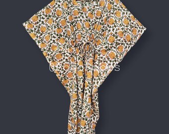 Kaftano in cotone stampato a blocchi, caftano da notte, abbigliamento estivo, regalo per la mamma