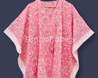 Floral Cotton Kaftan Dress: Beach Cover-Up, Adjustable Waist