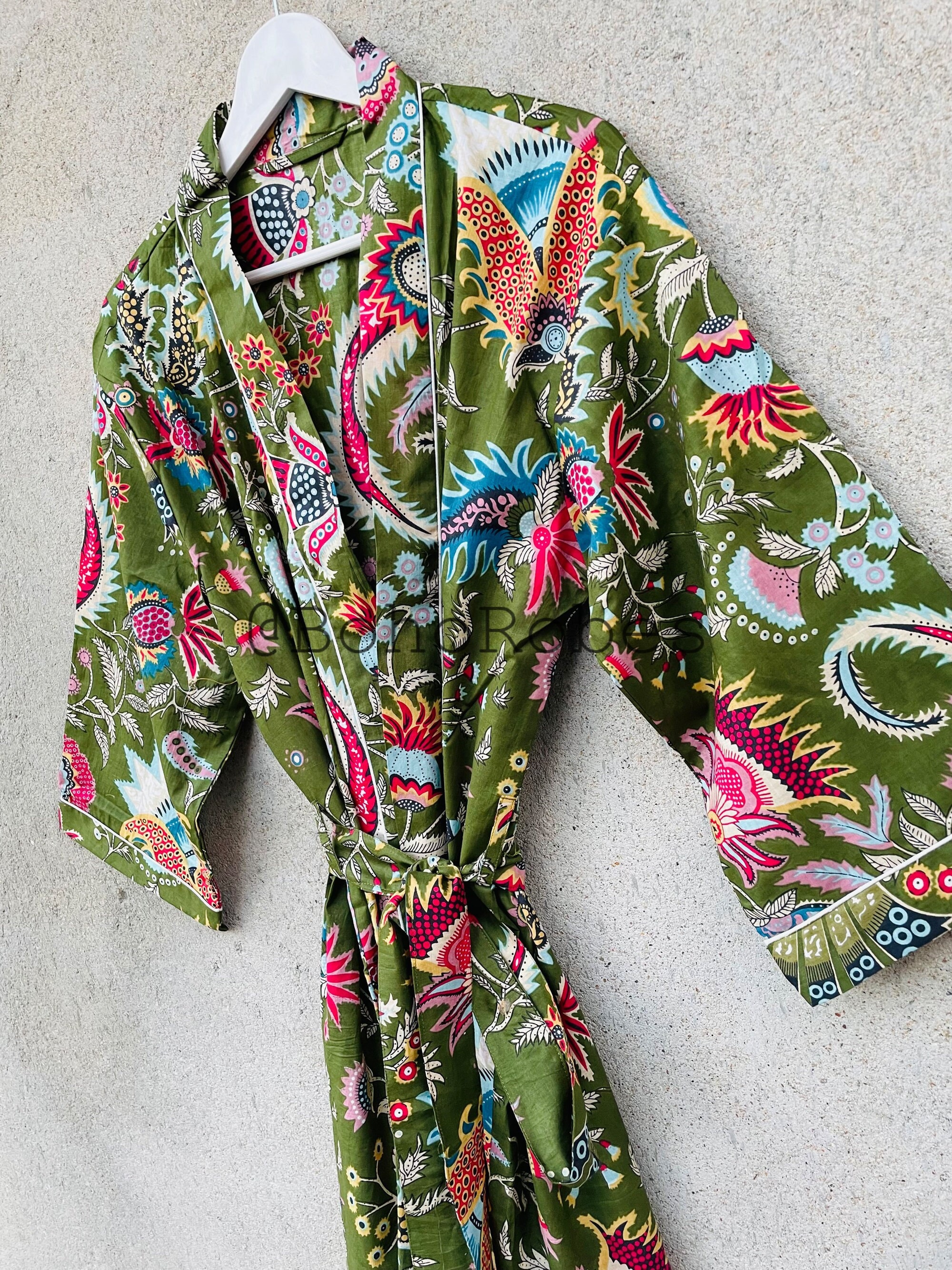 Green Tropical Cotton Kimono Robe: Bridal Party Dressing Gown Green Tropical Cotton Kimono Robe: Bridal Party Dressing Gown