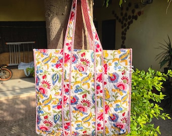 Floral Print Cotton Tote Bag: Large Quilted Shopping Bag
