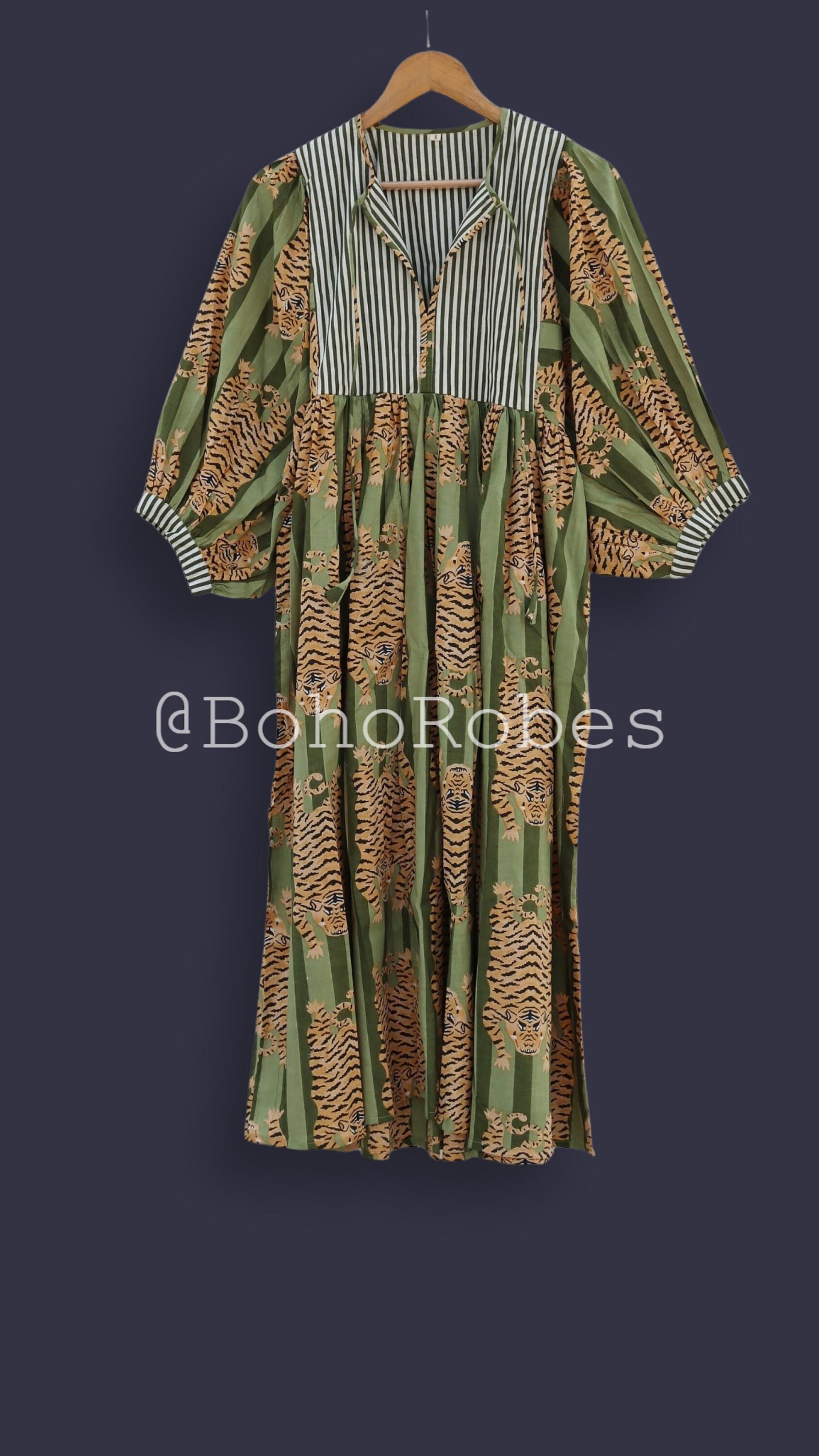 Green Stripes Tiger Midi Dress, Mini Dress, Long Block Print