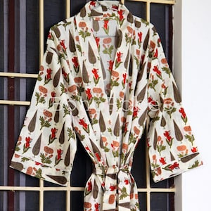 Cotton Kimono Robe Dressing Gown, Block Print Bridesmaid Robe, Summer Nightwear, One Size