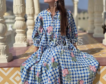 Floral Check Cotton Midi Dress: Bohemian String Tie Dress