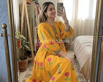 Yellow Floral Hand Block Print Cotton Midi Dress, Boho Summer Dress, Gifts For Her