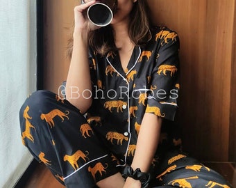 New Tiger Print Soft Cotton Pajama Set, Night Wear, Bridesmaid Pajama Set, Lounge Set, Pj Set, Cotton Dress, Gift For Her